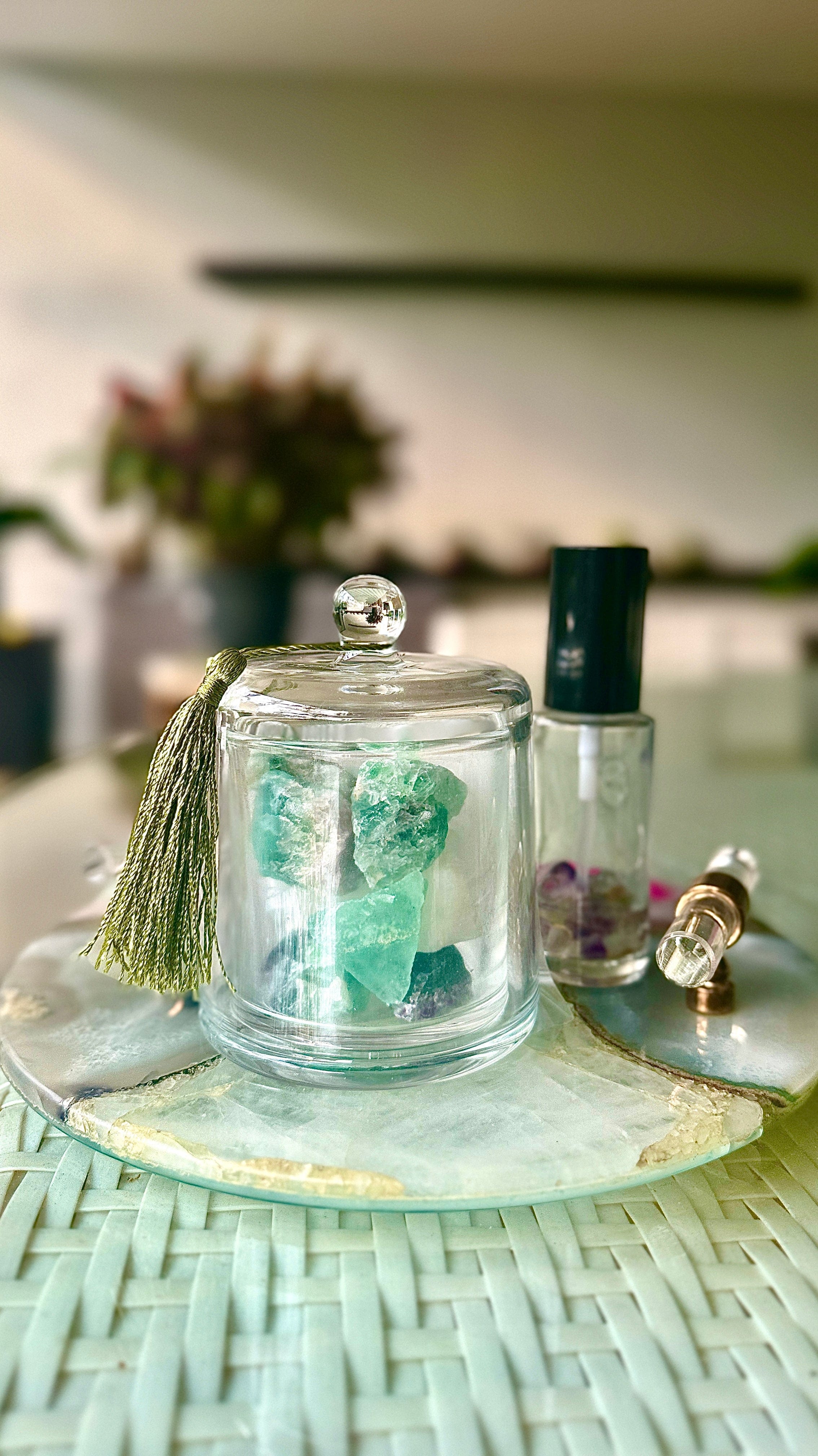 Raw Green Aventurine Diffuser in Glass Bell Jar