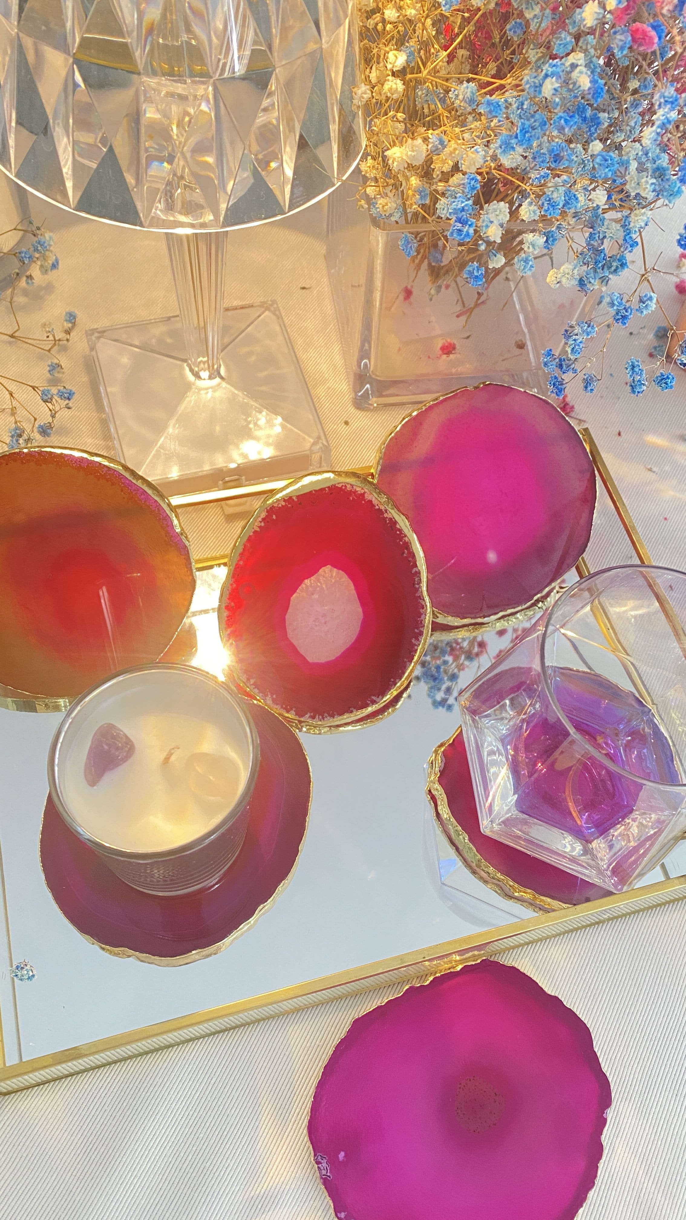 Pink Agate Gold Trim Coaster